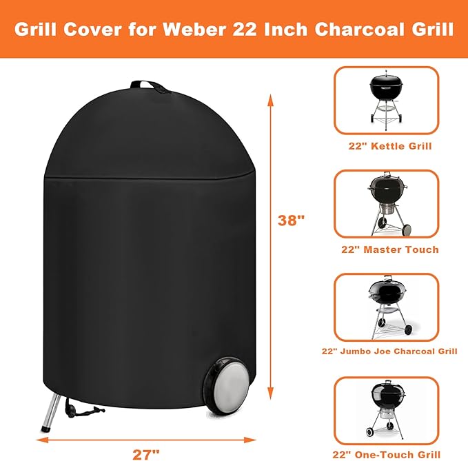 22 Inch Charcoal Kettle Grill Cover for Weber Grill, for Weber 22 Inch Master Touch Charcoal Grill, 600D Heavy Duty Waterproof Replacement for 7150, Outdoor BBQ Covers