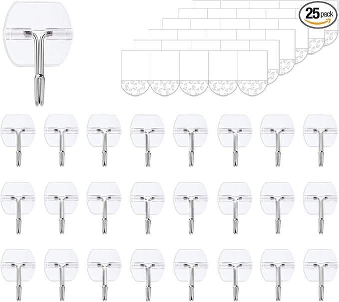 25 Small Wall Hooks for Hanging, with 30 Removable Strips, Clear Hanger Hooks, Damage-Free Utility Hooks with Adhesive Strips, Wire Toggle Wall Hook for Key, Hat, Decor, Door, Clear, Value Pack