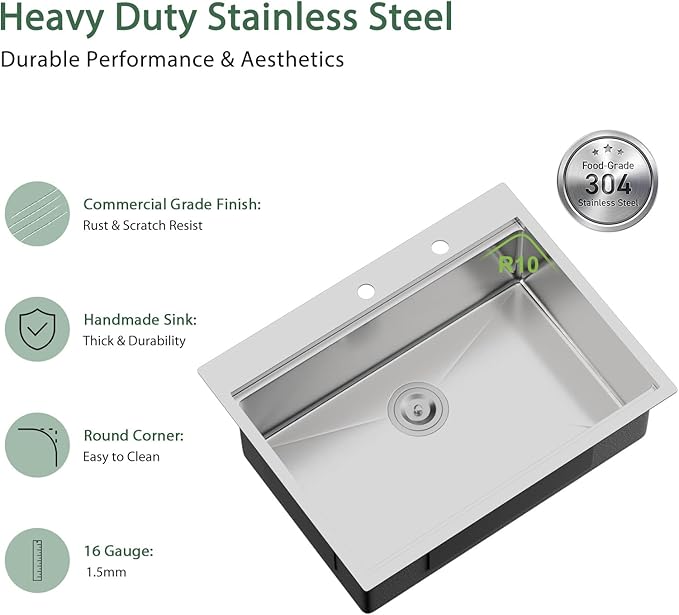 28 x 22 Inch Drop In Kitchen Sink Workstation 16 Gauge Stainless Steel Handmade Sink Single Bowl Topmount Large Deep Overmount Sinks Basin 28"x22"x9"