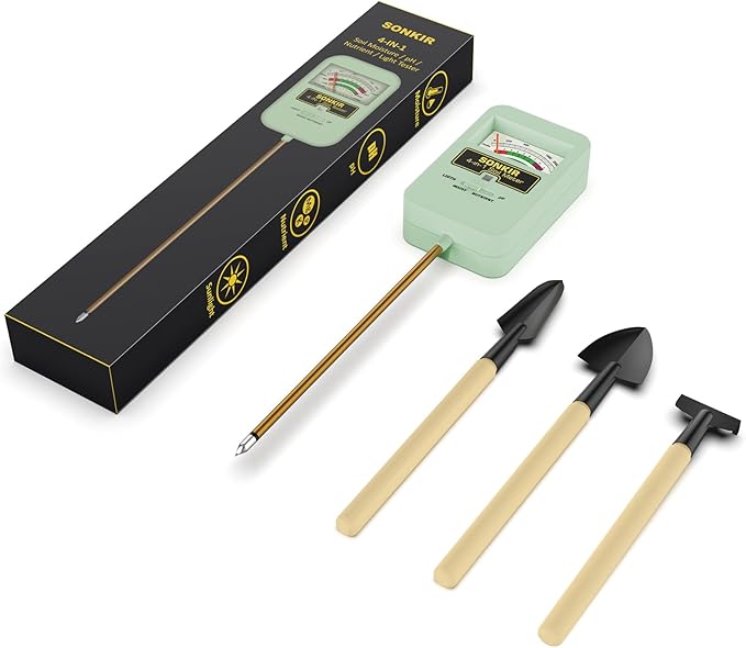 Soil Moisture Meter, 4-in-1 Soil Ph Meter, Soil Tester for Nutrients, Moisture, PH and Light, Soil Ph Test Kits for Plant, Great for Garden, Indoor & Outdoor Use (No Battery Required), Green