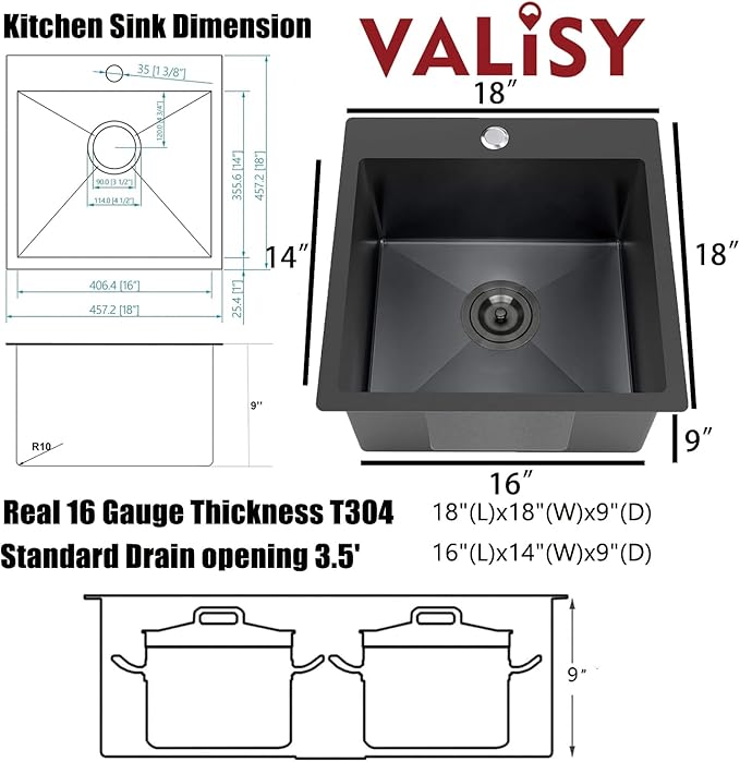 18x18 Inch Black Bar Sink Drop In, Topmount Stainless Steel Kitchen Sink, Square Small Kitchen Sinks, Single Bowl Kitchen Sinks for Laundry Wet Bar Prep RV Office Outdoor Yard