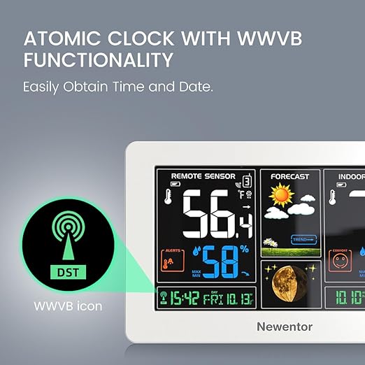 Newentor Weather Station Wireless Indoor Outdoor Thermometer, Color Display Digital Weather Thermometer with Atomic Clock, Barometric Pressure, Forecast Station with Adjustable Backlight,White,3Sensor