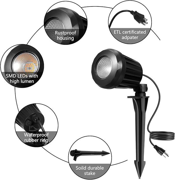 Spotlight Outdoor, 2700K Warm White 10W LED Landscape Spot Lights with RGB 3 Lenses, IP67 Waterproof, 120V Plug-in for Holiday & Everyday Decor in Yard Garden Lawn Tree(1 Pack, Black)