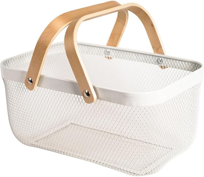 Metal Mesh Steel Harvest Basket, Rectangle Wire Garden Basket with Handle – Multi-functional Storage Organizer for Gathering Vegetables, Fruits, Kitchen, Garden, Picnic & Cabinet (Ivory)