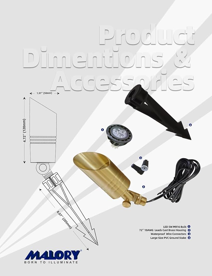 MALORY Brass Landscape Spotlight,12V AC/DC Low Voltage LED Landscape Lighting,Waterproof Spot Up Light for Garden,Patio and Yard (1-Pack with Bulb)