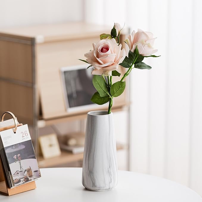 Marble White Vase - 8" Big White Ceramic vase for Flower, Boho Vases for Pampas Grass, Minimalist Modern vases for Home Decor, Table Shelf Living Room Farmhouse Decor