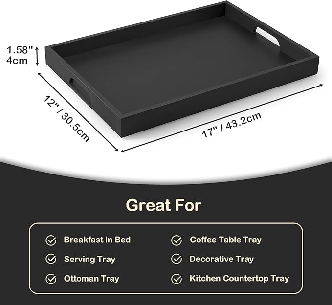 17 Inch Black Wood Serving Tray with Handles, Large Wooden Tray for Ottoman, Breakfast in Bed, Coffee Table, Dinner, Perfect for Living Room Bedroom Entryway and Kitchen