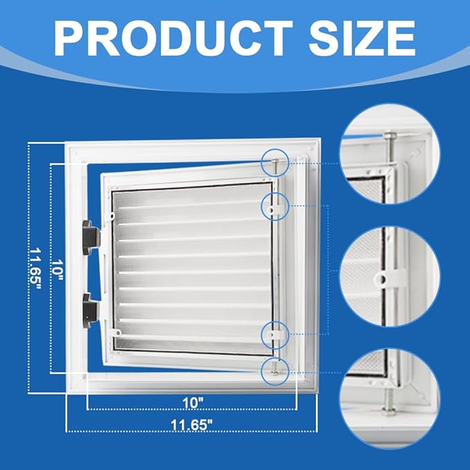 11.65 x 11.65 inch - Access Doors - Access Panel for Drywall with Push-Button Switch - Access Panel with Vent - Aluminum Alloy - White - Good Ventilation - Inside Dimensions: 10 x 10 inch