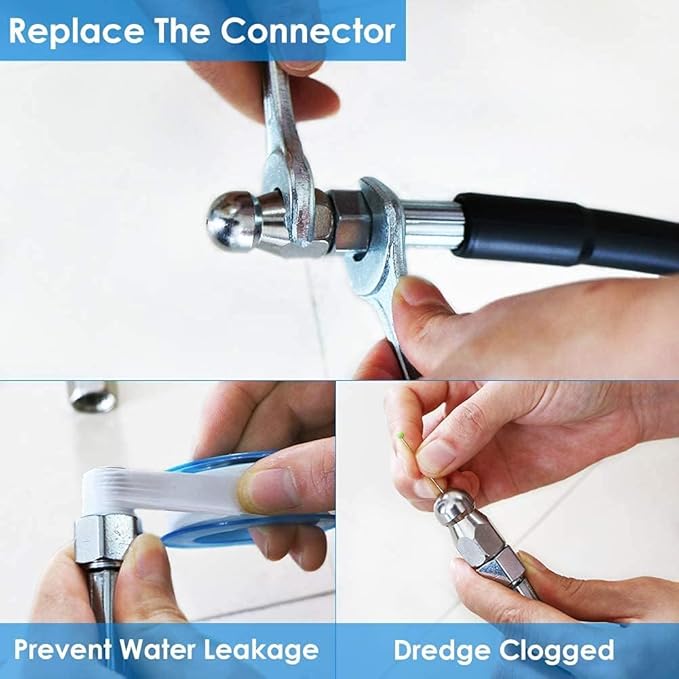 200FT Sewer Jetter Kit for Pressure Washer, 5800PSI Drain Cleaner Hose 1/4 Inch NPT Corner, Rotating and Button Hose Sewer Jetting Nozzle Pearl Corsage Pin Waterproof Tape with 2 Spanner