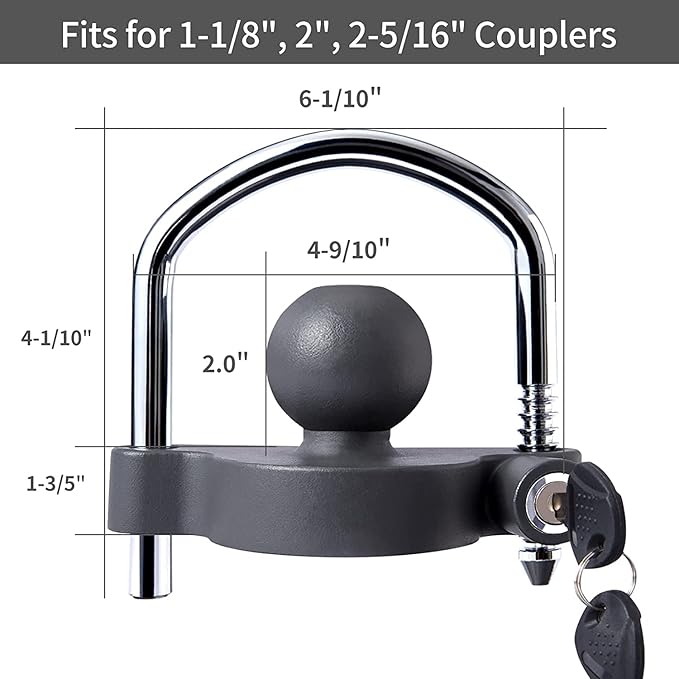 METOWARE Keyed Alike Trailer Coupler Lock Universal Adjustable Steel Trailer Hitch Lock, Anti Theft Trailer Ball Lock Towing Lock for Towing Trailer Security Fits 1-7/8",2”, 2-5/16" Coupler 2 Pack