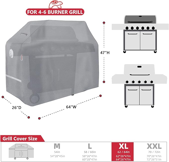 Turtle Life BBQ Grill Cover, 64 Inch Heavy Duty Waterproof 4-6 Burner Barbecue Gas Grill Covers for Weber Genesis Char-Broil Brinkmann, Gray