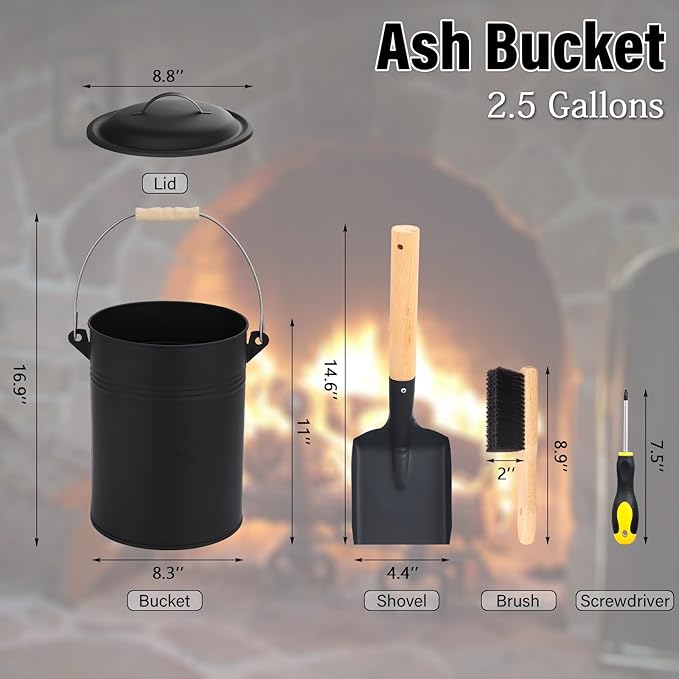 FEED GARDEN 2.5 Gallon Ash Bucket with Lid,Shovel,Broom and Screwdriver,Bucket Ash Can for Fireplace Fire Pits,Wood Stoves,Fireplace Galvanized Iron Bucket,Pellet Charcoal,Indoor Outdoor，Black