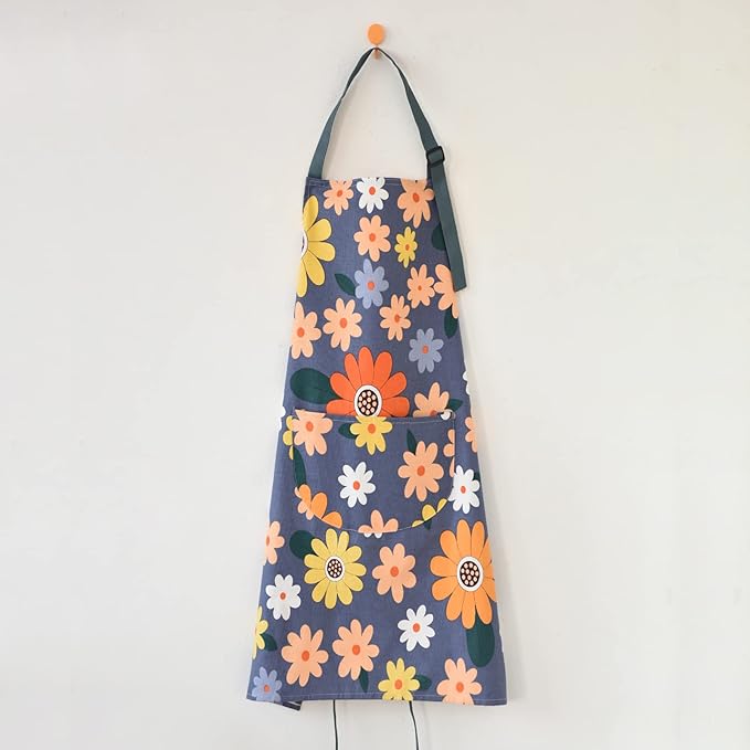 2 Pack Floral Apron for Women with Pockets, Adjustable Cotton Chef Aprons for Kitchen, Cooking, BBQ & Grill