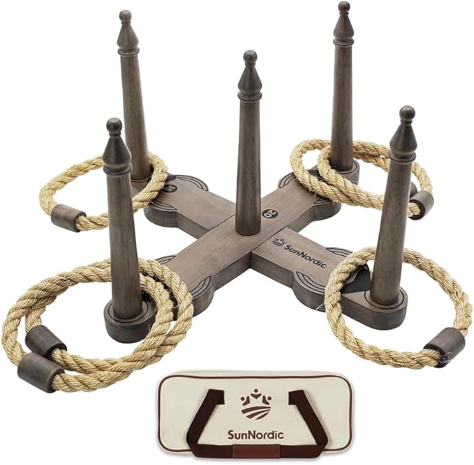 Wooden Ring Toss Game Set, Backyard Beach Camping Game with Toss Rings & Portable Carrying Bag, Outdoor Lawn & Yard Games for Kids, Adults & Family