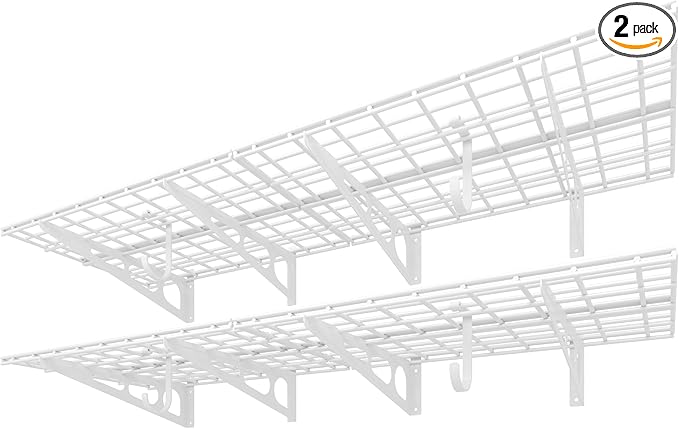 FLEXIMOUNTS 2-Pack 2x6ft Garage Shelving with Hooks 24-inch-by-72-inch Wall Shelf Garage Storage Rack Floating Shelves, White