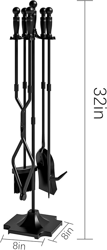Fire Beauty Fireplace Tools, 5 Pieces Fireside Accessories Fire Kit Set,Woodstove Tools Holder Wrought Iron Handle Indoor Fireset Stand (32 Inches)