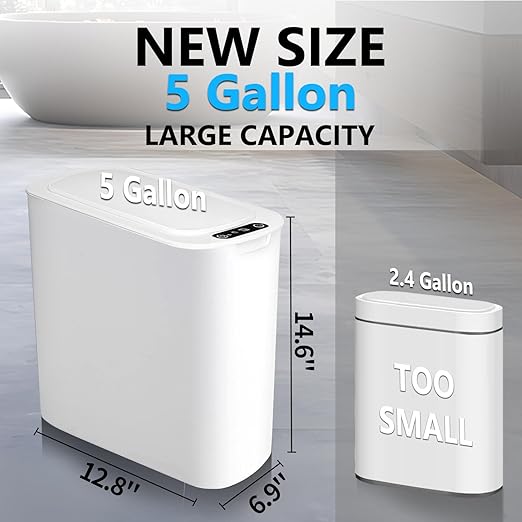 TIPGO 5 Gallon Motion Senor Bathroom Trash Can with Lid, Automatic Garbage Can Touchless, Smart Plastic Waste Basket for Narrow Spaces, Bathroom, Office, Bedroom, Living Room (White)