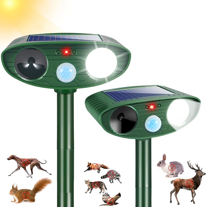 2Pack Solar Ultrasonic Animal Repellent Outdoor Deer Repellent Devices with Motion Detection&Flash Light Squirrel Rabbit Dog Cat Deterrent,Keep Rodent Chipmunk Raccoon Away for Yard Garden Lawn 2025