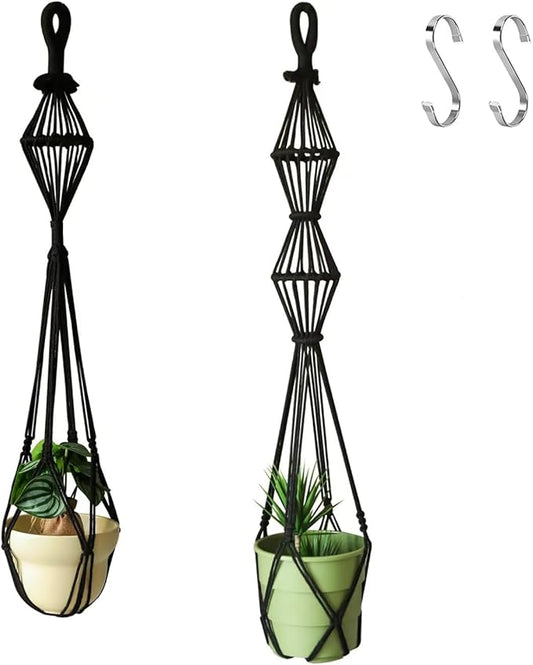 2Pcs Macrame Plant Hangers Indoor Macrame Hanging Planters Large for up to 10 inch Pot No Tassels Long Crochet Boho Plant Hanger Holder for Indoor Outdoor Plants Different Size 35”/39" (Black)