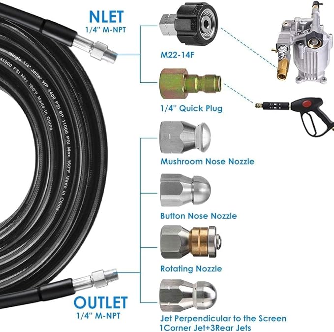 200FT Sewer Jetter Kit for Pressure Washer, 5800PSI Drain Cleaner Hose 1/4 Inch NPT Corner, Rotating and Button Hose Sewer Jetting Nozzle Pearl Corsage Pin Waterproof Tape with 2 Spanner