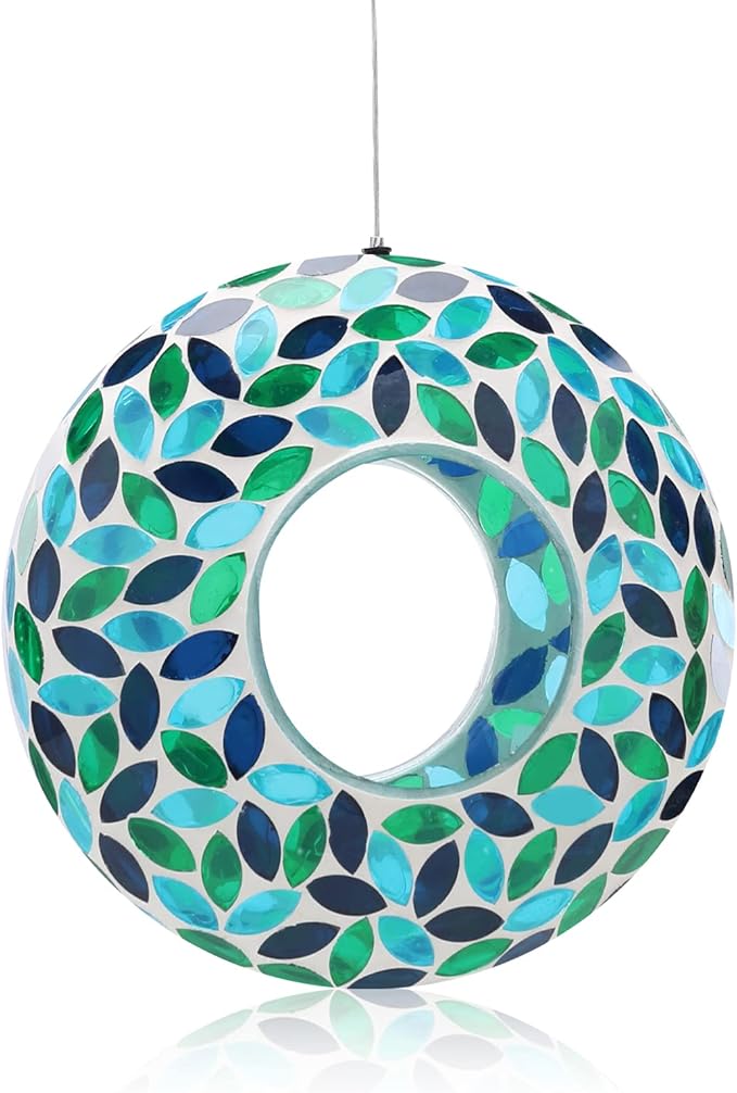VCUTEKA Bird Feeder Mosaic Fly Through Bird Feeders for Outside Hanging with Round Shape Glass Container to Attract More Wild Birds for Garden, Yard, Backyard, Deck and Porch Decor, Green 10-Inch