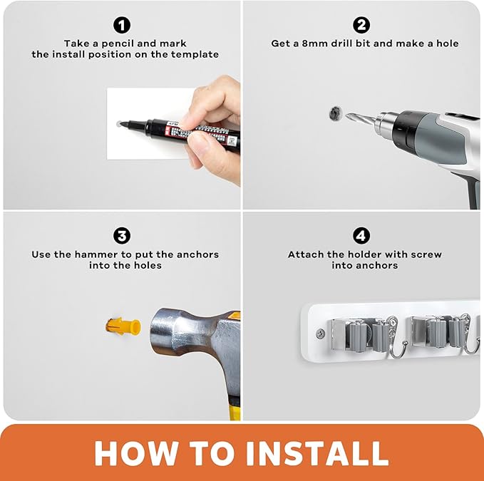 IMILLET Broom Holder Wall Mount, Wood Broom Holder with 5 Racks and 4 Hooks Broom Organizer, Laundry Room Organization and Storage, Mop Hanger for Home Organization, Garden, Garage, Closet (White)