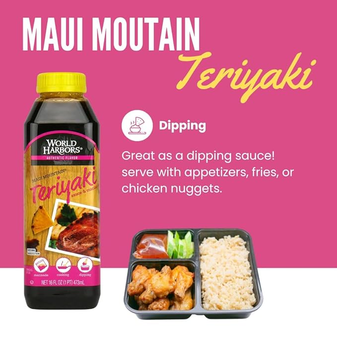 World Harbors Maui Mountain Teriyaki Sauce & Marinade Perfect for Fish, Chicken, Beef, Pork, Wings, Dumplings, Shrimp, Steak, Stir-Fries, Rice & Vegetables Made in USA 16-Fl Oz Bottle, (Pack of 2)