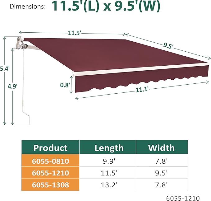 MCombo 11.5x9.5 Feet Manual Retractable Patio Door Window Awning Sunshade Shelter Outdoor Canopy,1210 (Burgundy, 11.5'(L) x 9.5'(W))