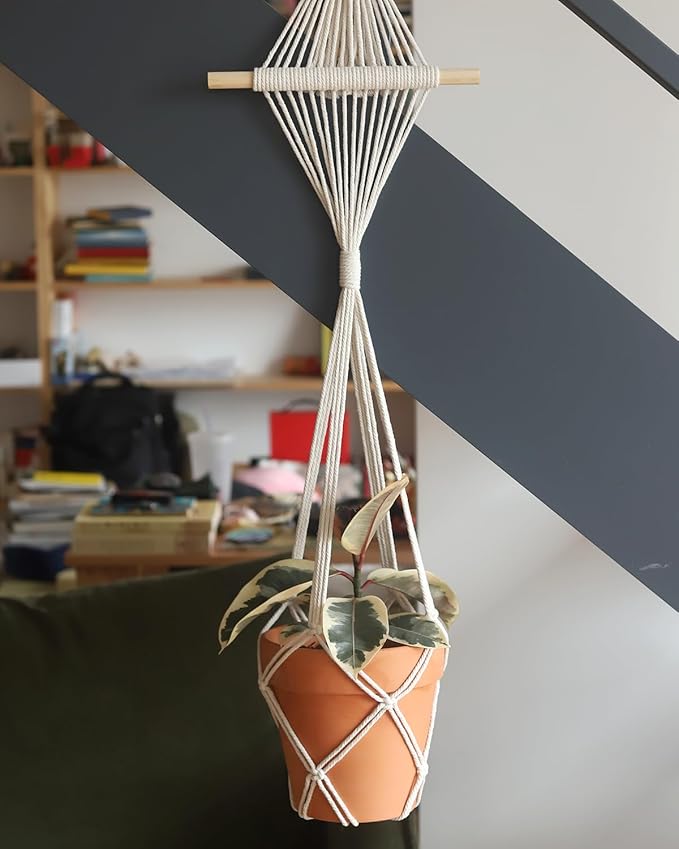 2Pcs Macrame Plant Hangers Indoor Macrame Hanging Planters Large for up to 10 inch Pot No Tassels Long Crochet Boho Plant Hanger Holder for Indoor Outdoor Plants with 2 Hooks(White Wood Hanger)