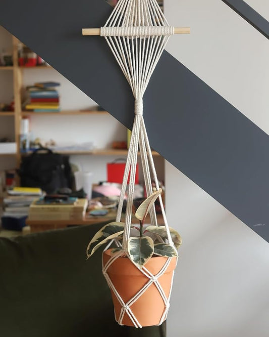 2Pcs Macrame Plant Hangers Indoor Macrame Hanging Planters Large for up to 10 inch Pot No Tassels Long Crochet Boho Plant Hanger Holder for Indoor Outdoor Plants with 2 Hooks(White Wood Hanger)