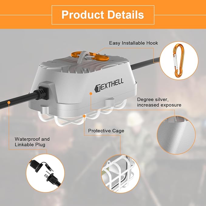 100ft LED Construction String Lights 300W Super Bright 30000LM Work Lights String Connectable Design for Workplace, Warehouse, Garage, RV, Indoor and Outdoor Weatherproof Temporary Lighting