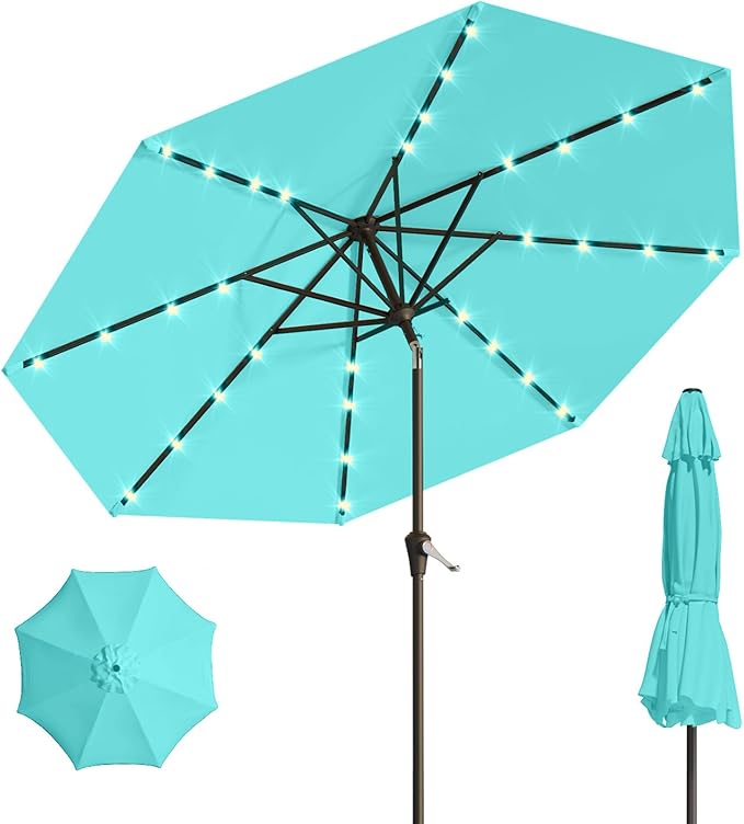 10FT Solar Umbrella 32 LED Lighted Patio Umbrella Table Market Umbrella w/Tilt and Crank, UV-Resistant Outdoor Umbrella for Pool, Garden, Deck, Aqua Blue
