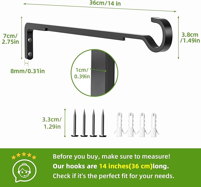 14 Inch 2 Pack Heavy Duty Outdoor Plant Hangers for Hanging Baskets, Iron Plant Brackets Outside, Metal Plant Wall Hooks for Lantern, Bird Feeder