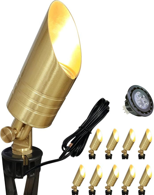MALORY Brass Landscape Spotlight,12V AC/DC Low Voltage LED Landscape Lighting,Waterproof Spot Up Light for Garden,Patio and Yard (10-Pack with Bulb)