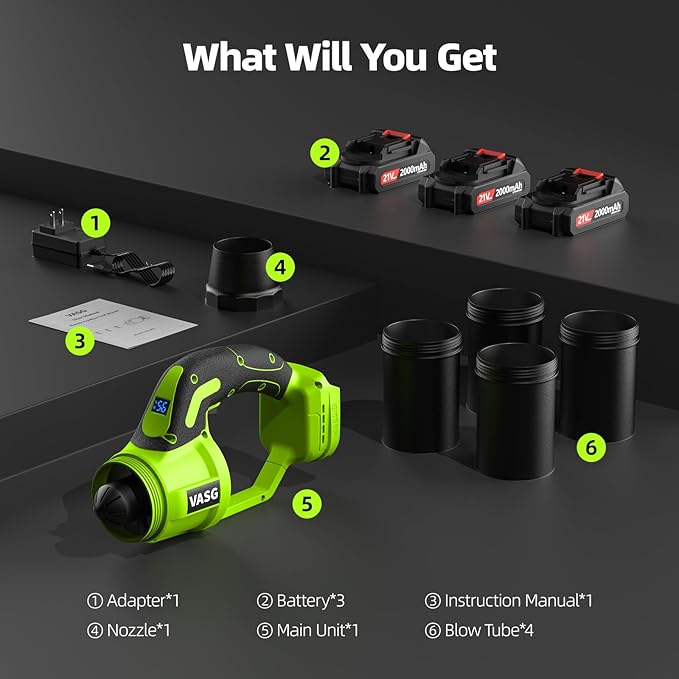 VASG Leaf Blower Cordless, 3 x 21V Batteries & Fast Charger Set, Variable Speed Mode, Lightweight Handheld Electric Leaf Blower for Lawn Care, Yard, Garden, Patio & Outdoor Cleanup