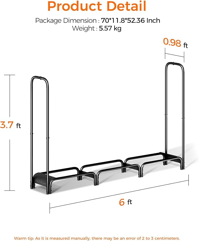 Firewood Rack 6ft, Heavy Duty Fire Wood Storage Racks for Indoor & Outdoor, Metal Log Holders for Firewood，Fireplace Wood Pile Storage Stacker Organizer, Black