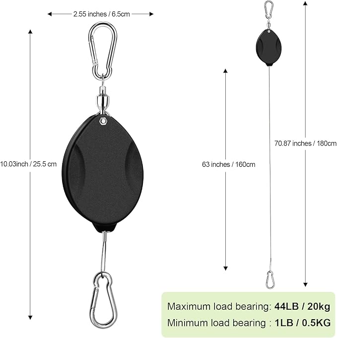 2025Upgraded 2Pcs Heavy Duty Retractable Plant Hanger, 44lbs Load, Auto Lock, Adjustable Hook for Hanging Plants, Bird Feeders, Wind Chimes, Garden Pots,Rust-Proof Stainless Steel,Black