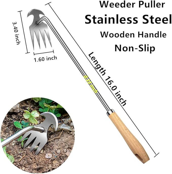 2pack 16inch Weed Puller Tool,Weeding Tool,4 Teeth Stainless Steel Hand Weeder for Effortless Weeding,Portable Uprooting Tool for Vegetable Gardening,Backyard,Farm (Wooden Handle&Stainless Steel)