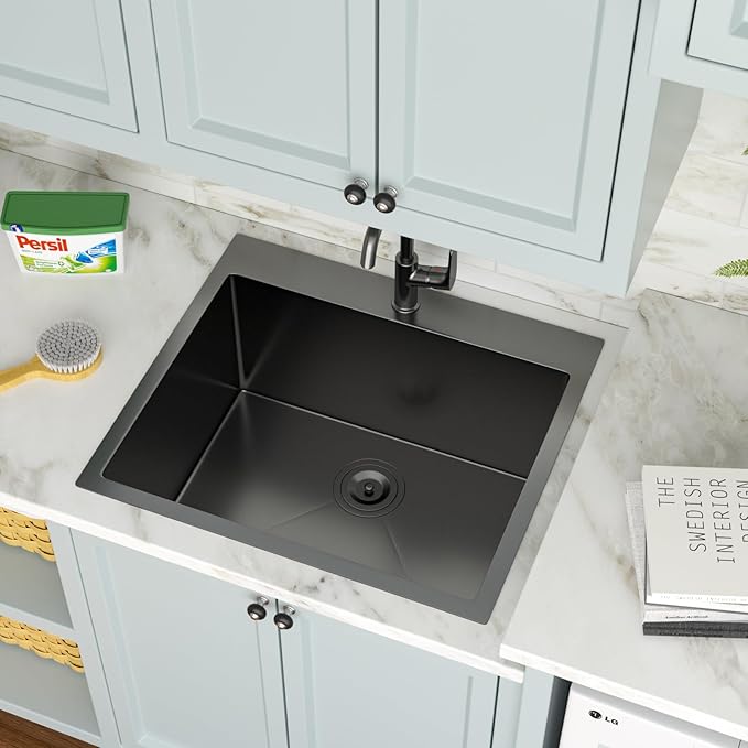 25 x 22 Inch Black Drop In Laundry Sink Topmount NANO PVD 16 Gauge Stainless Steel Single Bowl Large Deep Kitchen Sinks Basin 25"x22"x12"