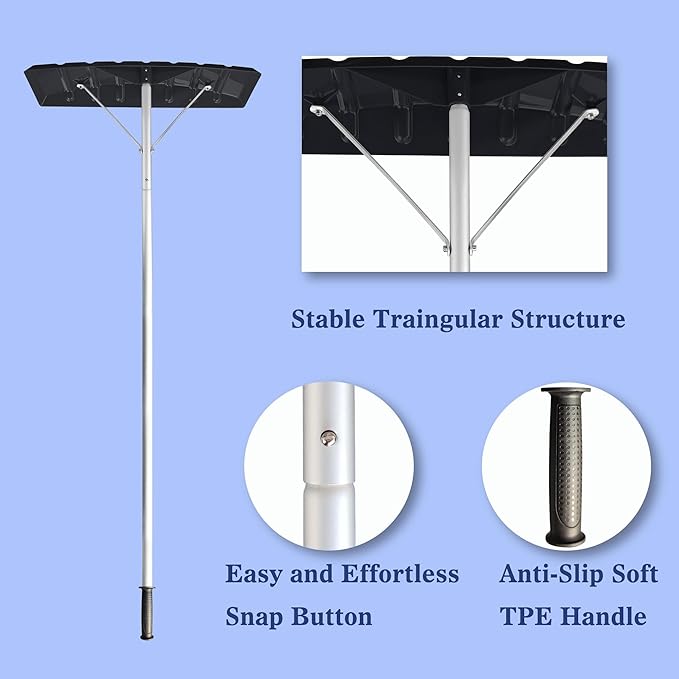 20 Feet Snow Roof Rake, 25 Inch Black Poly Blade and Aluminium Handle, Snow Rake Telescoping Snow Removal Tool