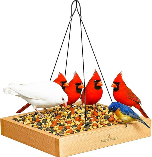Wood Platform Tray Bird Feeder 10” - Alaskan Red Cedar Hanging Bird Feeder for Outside Outdoor - Stainless Steel Cable Mesh Base - Longtime Outdoor Lasting Weatherable Heavy Duty Flythrough Birdfeeder