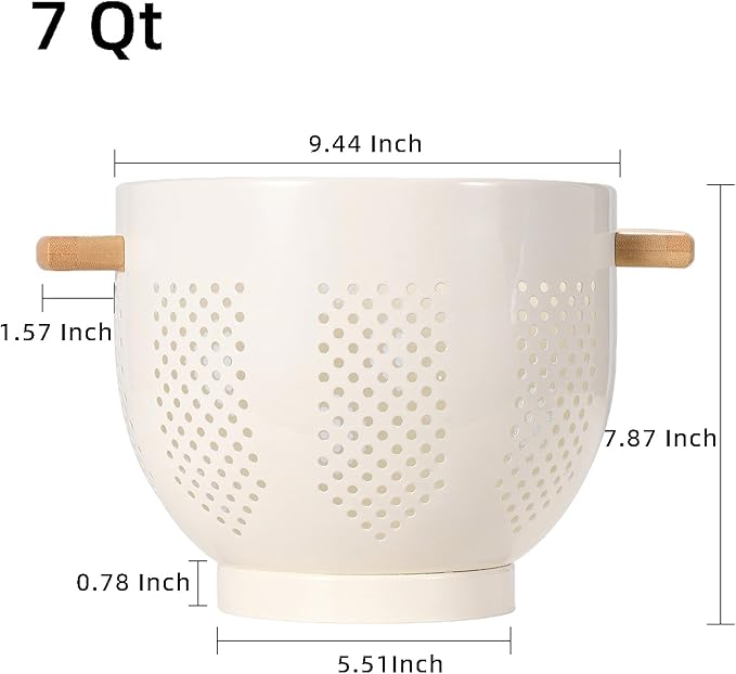 Metal Colander with Wood Handle and Stable Base, Powder Coated Steel Kitchen Strainer Basket for Draining Pasta, Vegetable and fruit (7quart,Cream)