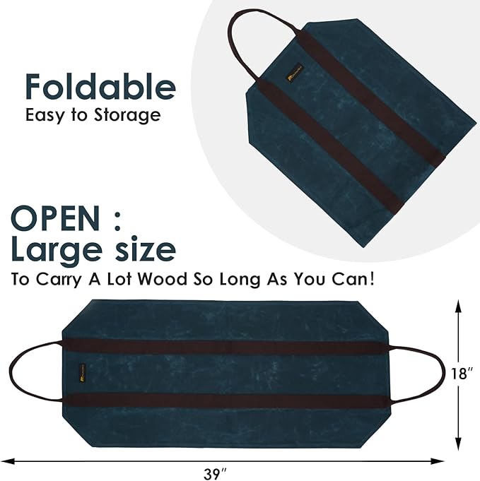 Sturdy Waxed Canvas Firewood Log Carrier, Durable Firepalce Wood Bag with Reinforce Duty Straps, BlueGreen