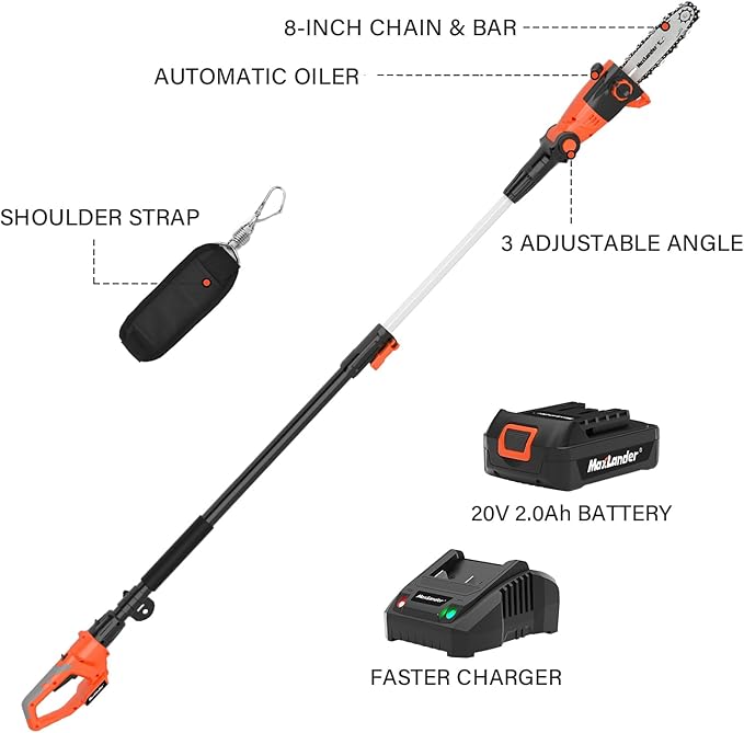 MAXLANDER 8 Inch Cordless Pole Saw, 20V Power Pole Chainsaw for Tree Trimming, Telescoping Electric Tool-free Installation, Adjustable Head Pole Saw with 2.0Ah Battery & Fast Charger