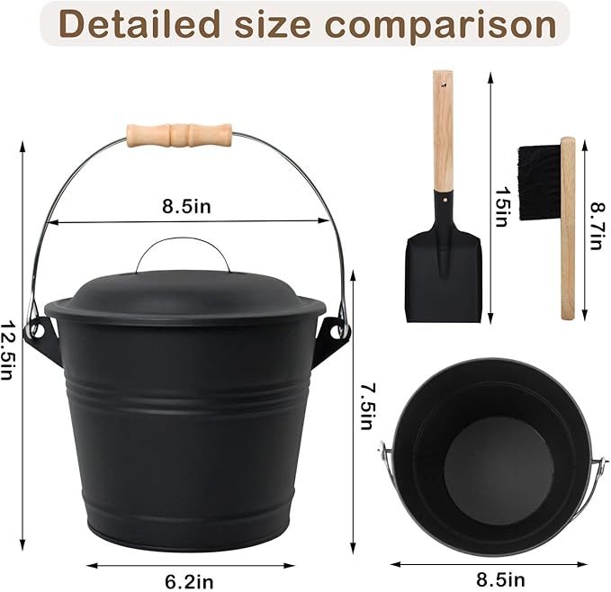 Poofzy Ash Bucket with Lid and Shovel, 1.3 Gallon Fireplace Bucket for Ashes, Includes Hand Broom and Gloves for Fire Pit, Wood Burning Stove and Grill