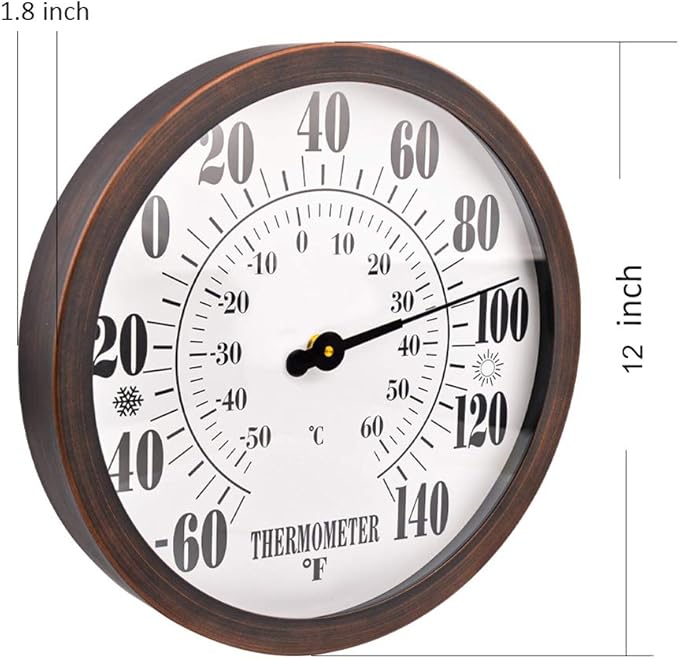 12" Large Outdoor Thermometer - Garden Thermometer Outdoor Decorative, Weather Thermometer Indoor Outdoor with Stainless Steel Enclosure, No Battery Needed