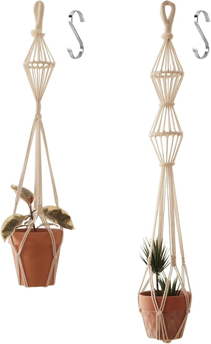 2Pcs Macrame Plant Hangers Indoor Macrame Hanging Planters Large for up to 10 inch Pot No Tassels Long Crochet Boho Plant Hanger Holder for Indoor Outdoor Plants Different Size 35”/39" (White)