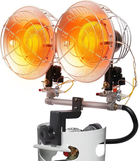 Propane Tank Top Heater, CAMPLUX Outdoor Tanktop Heater with Tip-Over Switch for Garage, Camping, Hunting, Double Burner Heavy Duty Steel 30,000 BTU