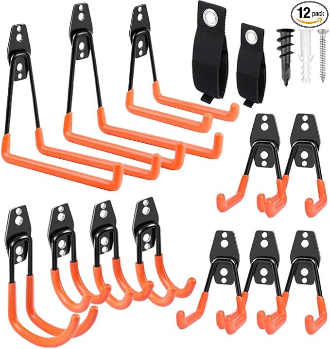 Garage Hooks Heavy Duty 14 Pack, Steel Garage Storage Hooks, Tool Hangers for Garage Wall Utility Wall Mount Garage Hooks and Hangers with Anti-slip Coating for Garden Tools, Ladders, Bulky Items