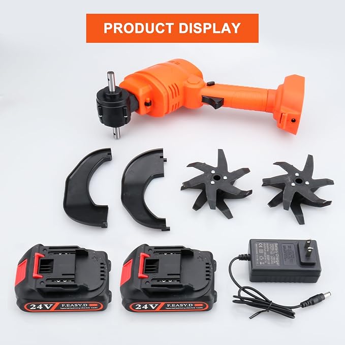 24V Cordless Tiller Cultivator, 4-Inch Tilling Width and Depth, Handheld with Extension Rod, 235 RPM Electric Garden Tiller, Lightweight 1.2kg Body, 2 × 1.5Ah Batteries & Charger (24V - Orange)